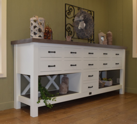 Superdeluxe witte sidetable met 12 laden, eiken blad 220 x 50 x 90 cm hg