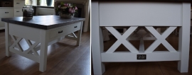 Landelijk witte salontafel met onderbalk en eiken blad 130 cm l. x 70 cm br. x 52 cm hg. XR