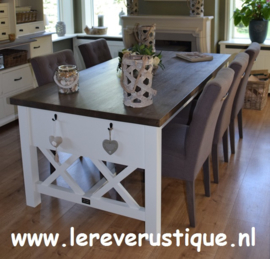 Landelijke eettafel wit met eiken blad 200 cm l. x 100 cm br. XR