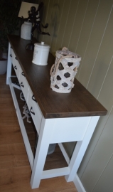 Strakke landelijke sidetable wit met eiken blad + 8 laatjes 220 cm l. x 45 cm d. x 85 cm hg. BR