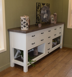 Superdeluxe witte sidetable met 12 laden, eiken blad 220 x 50 x 90 cm hg