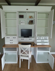 Landelijke Secretaire / Bureau / Home-Office WIT met blank eiken blad 190 cm breed x 227 cm hoog PRIJS OP AANVRAAG