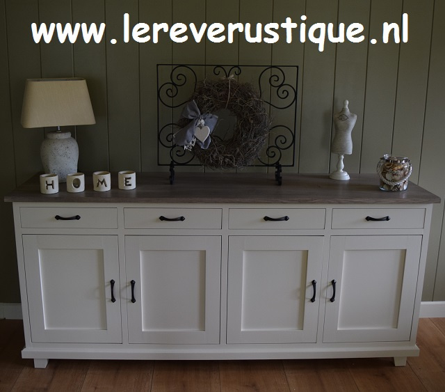 Landelijk dressoir in Tiramisu met eiken blad 200 cm br x 55 cm d x 90 h | * witte dressoirs | Le Rêve Rustique