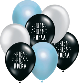 7 ballonen mix 'Hoera' zwart/ blauw/ zilver