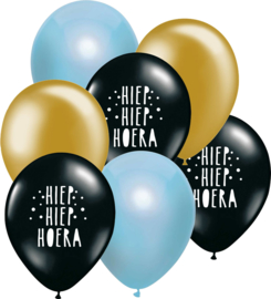 7 ballonen mix 'Hoera' zwart/ blauw/ goud
