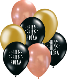 7 ballonen mix 'Hoera' zwart/ rosé goud/ goud