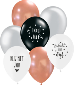 7 ballonen mix 'juf' zwart/ zilver/ rosé/ wit