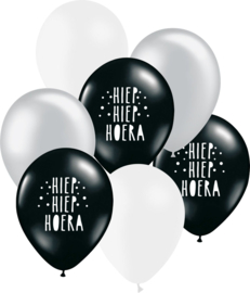 7 ballonen mix 'Hoera' zwart/ zilver/ wit