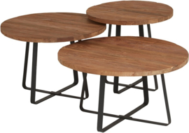 Set van 3 industrial teak salontafels ø50/ø60cm/ø70cm