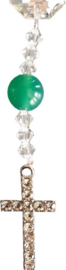 Rozenkrans ( z.g tientje ) van Swarovski kralen ( 4 mm ) en Agaat ( groene variant ) kralen ( 8 mm ) (Geschikt voor de autospiegel.)