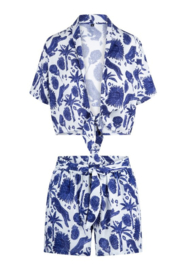 Blouse Top & Shorts - Blue White Print