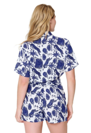 Blouse Top & Shorts - Blue White Print