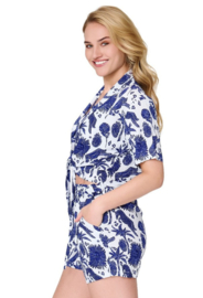 Blouse Top & Shorts - Blue White Print