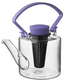Glazen theepot cilinder vorm met paarse clip handvat 1 liter