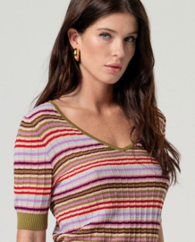 Surkana  Striped V-Neck Sweater-Pink 516SOYA234