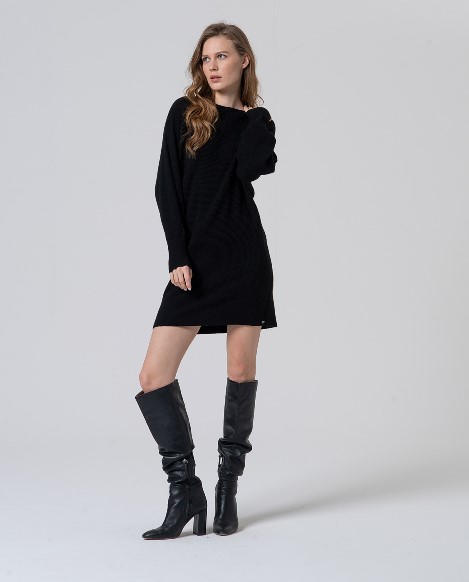Surkana Knit Dress with Puffed Sleeves Black 555LITA739