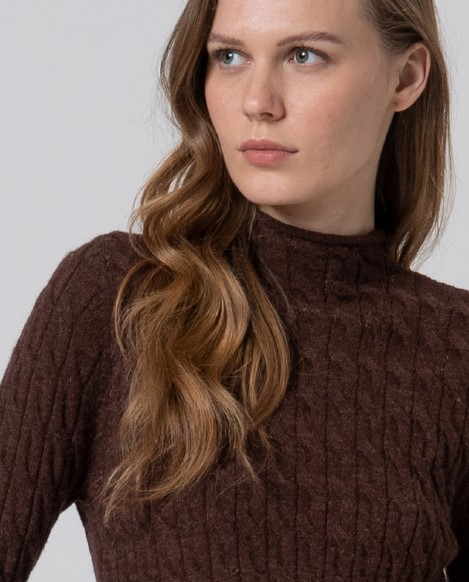 Surkana Fitted Cable Knit Turtleneck  Chocolate 555LARA231