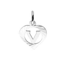 Zilveren bedel hartje met de letter V
