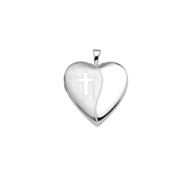 Zilveren bedel medaillon hart met kruis 21 mm gerhodineerd