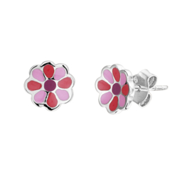 Zilveren oorstekers bloem roze
