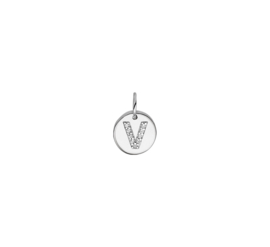 Zilver bedel rondje met letter V, Zirkonia, gerhodineerd