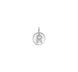 Zilver bedel rondje met letter R, Zirkonia, gerhodineerd