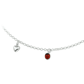 Zilveren bedelketting voor kinderen 38cm lieveheersbeestje en hart