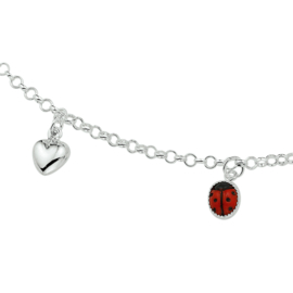 Zilveren bedelketting voor kinderen 38cm lieveheersbeestje en hart