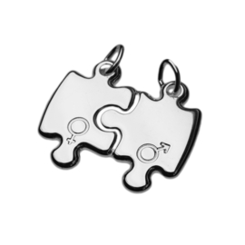 Zilver breekplaatje puzzelstukjes vrouw-man-teken 22 x 25 mm