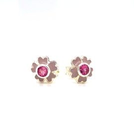 Zilveren oorbellen stekers bloemetjes paars en roze 7 mm