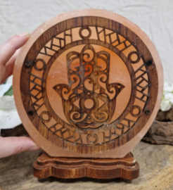 Zoutsteen lamp hamsa hand rond  incl. elektra