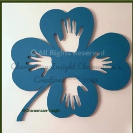 Four-leaf clover with hands.