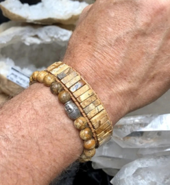 Leren armband gipsy-style van de half-edelsteen Landschaps Jaspis, is op 20, 22 en 25 cm te dragen
