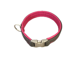 Halsband Leer Grijs - Framboos  Halsomvang 36 cm