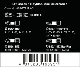 WERA Bit-Check 10 Zyklop Mini BiTorsion 1, 10‑delig  05057418001