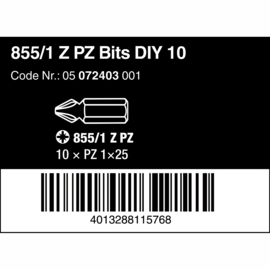 Wera 855/1 Z DIY Bits Pozidriv, PZ 1 x 25 mm, 10-delig  05072403001