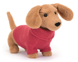 Jellycat Knuffel Teckel, Sweater Sausage Dog Pink, 16 cm