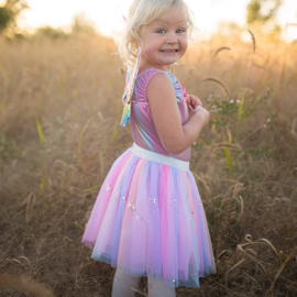 Tule rok met vleugels en toverstafje, regenboog pailletten, 4-6 jaar