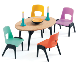 Djeco Poppenhuis Eetkamer tafel met stoelen