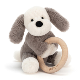 Jellycat Rammelaar met houten Ring Puppy 14cm, Shooshu Puppy