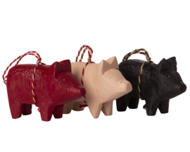 Maileg Houten Varkens Ornamenten, Wooden Pig Ornaments, 3 stuks