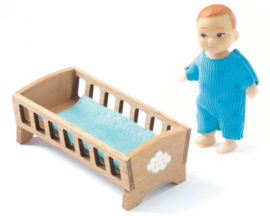 Djeco Poppenhuispop, Baby Sacha met houten wiegje