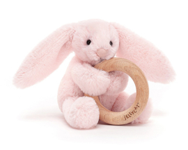 Jellycat Rammelaar met houten Ring Konijn 13cm, Bashful Pink Bunny Wooden Ring Toy
