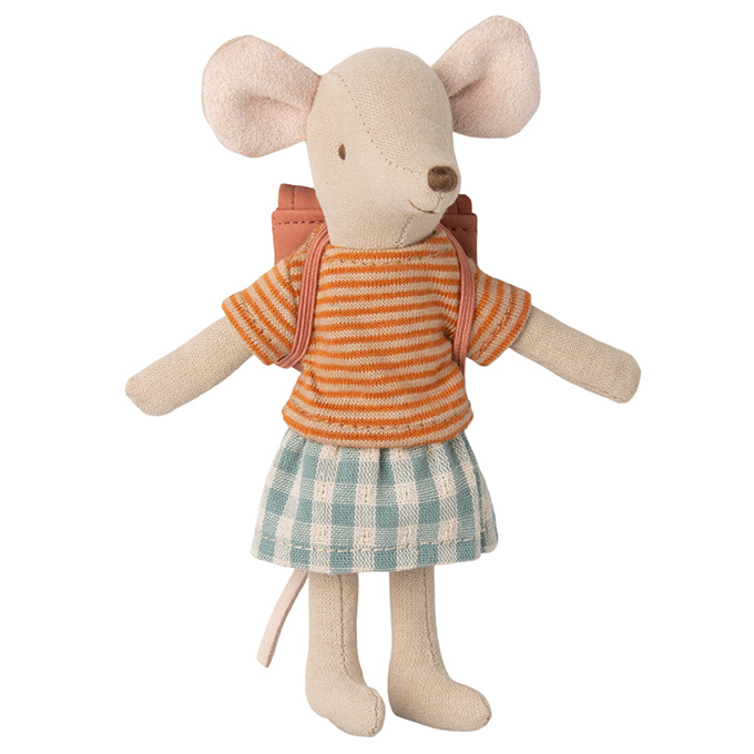 Maileg grote zus Muis met Rugzak, Tricycle mouse, Old Rose