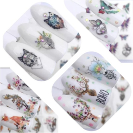 4 sheets Nail art stickers nailart nagel stickers vos feeën hert wolf hond fox