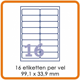 Zelfklevende etiketten op A4 - 16 Etiketten per vel (99,1 x 33,9 mm) wit