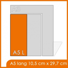 75000 X A5 Lang 10.5x29.7cm offset dubbelzijdig full colour 170gr. recyclingpapier