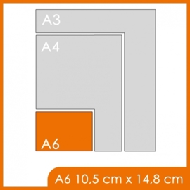 Formaat A6 (10,5 x 14,8 cm) 135gr, offset enkelzijdig full colour,  30.000 stuks.