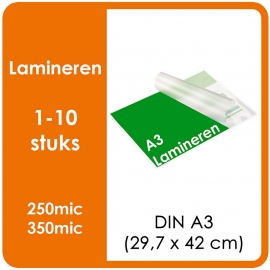 Lamineren (plastificeren) Formaat 	A3 | 297 x 420 mm Uitvoering : dubbelzijdig glans of mat. Prijs Per stuk, Prijs exclusief drukwerk. prijsgroep voor 1 - 10 stuks.