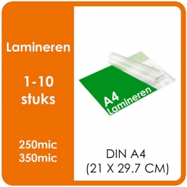 Lamineren (plastificeren) Formaat A4 | 297 x 210 mm Uitvoering : dubbelzijdig glans of mat. Prijs Per stuk, Prijs exclusief drukwerk. prijsgroep voor 1 - 10 stuks.